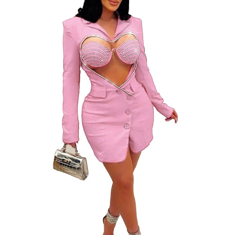 Luxury Designer Rhinestone Blazer Dress for Women Long Sleeve Bodycon Evening Sexy Black Short Party Crystal Vestidos Pink