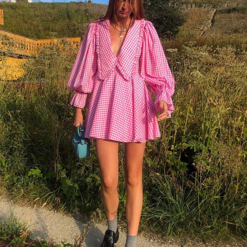 Clacive Sexy Deep V-Neck Print Women'S Dress Fashion Doll Collar Lantern Sleeve Mini Dresses Elegant Pink Pleated Female Dress