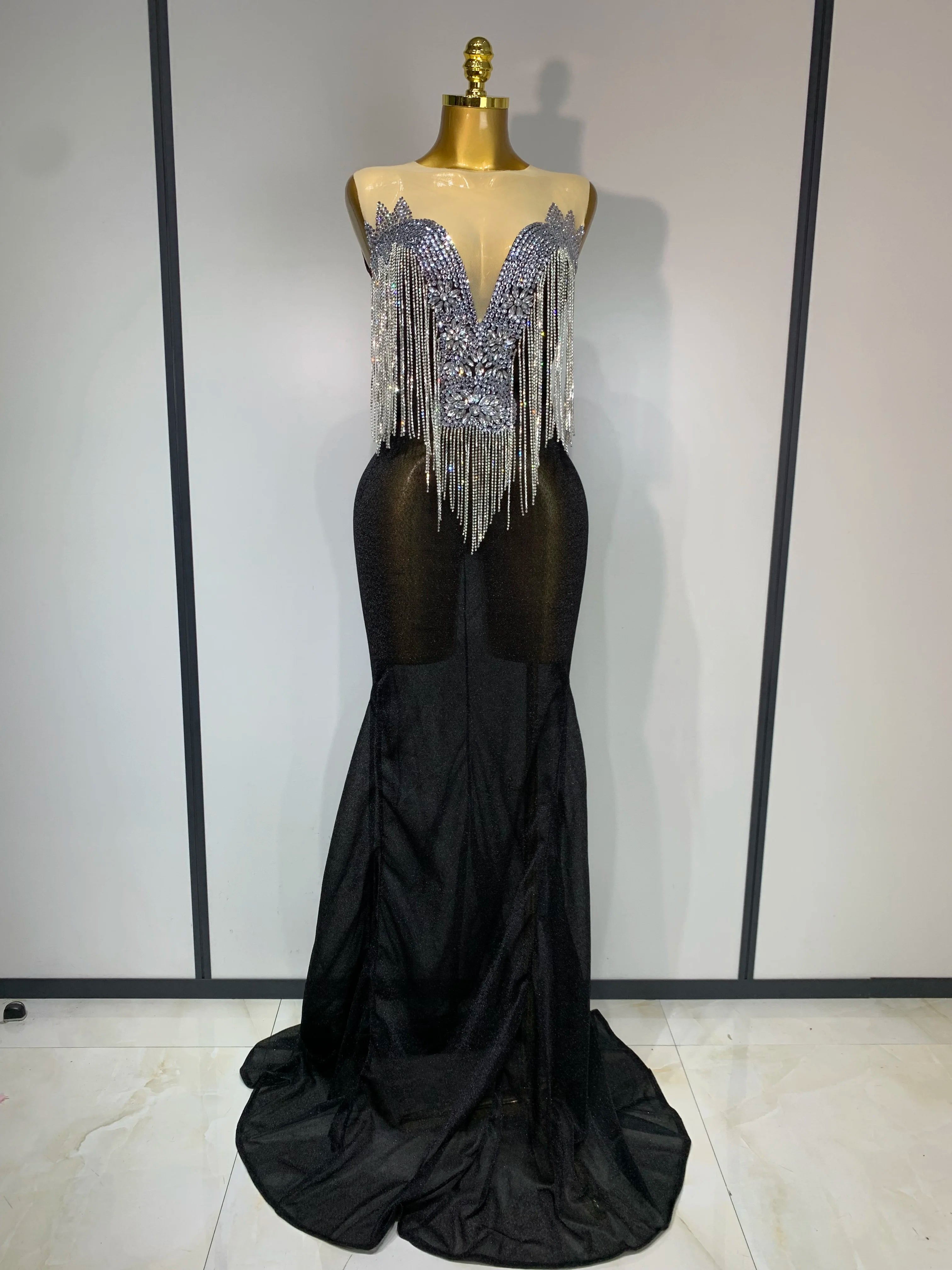 Women Sexy Sparkly Rhinestones chain Celebrity Elegant Maxi Long Dress Luxury Birthday Prom Gowns Stage Show Performance Costume