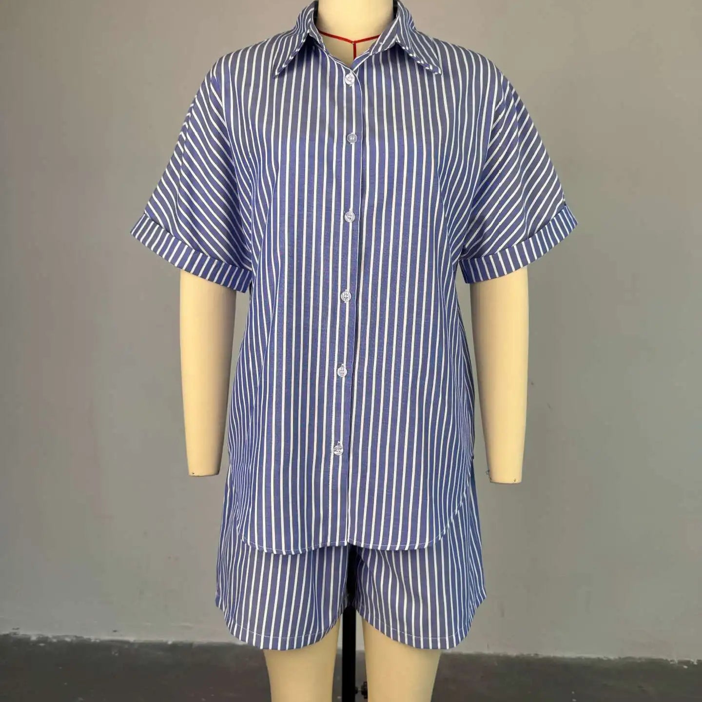 CM.YAYA Fashion Striped Women's Set  Half Sleeve Turn-down T-shirt and Shorts 2025 Summer Chic Two 2 Piece Sets Outfit Tracksuit