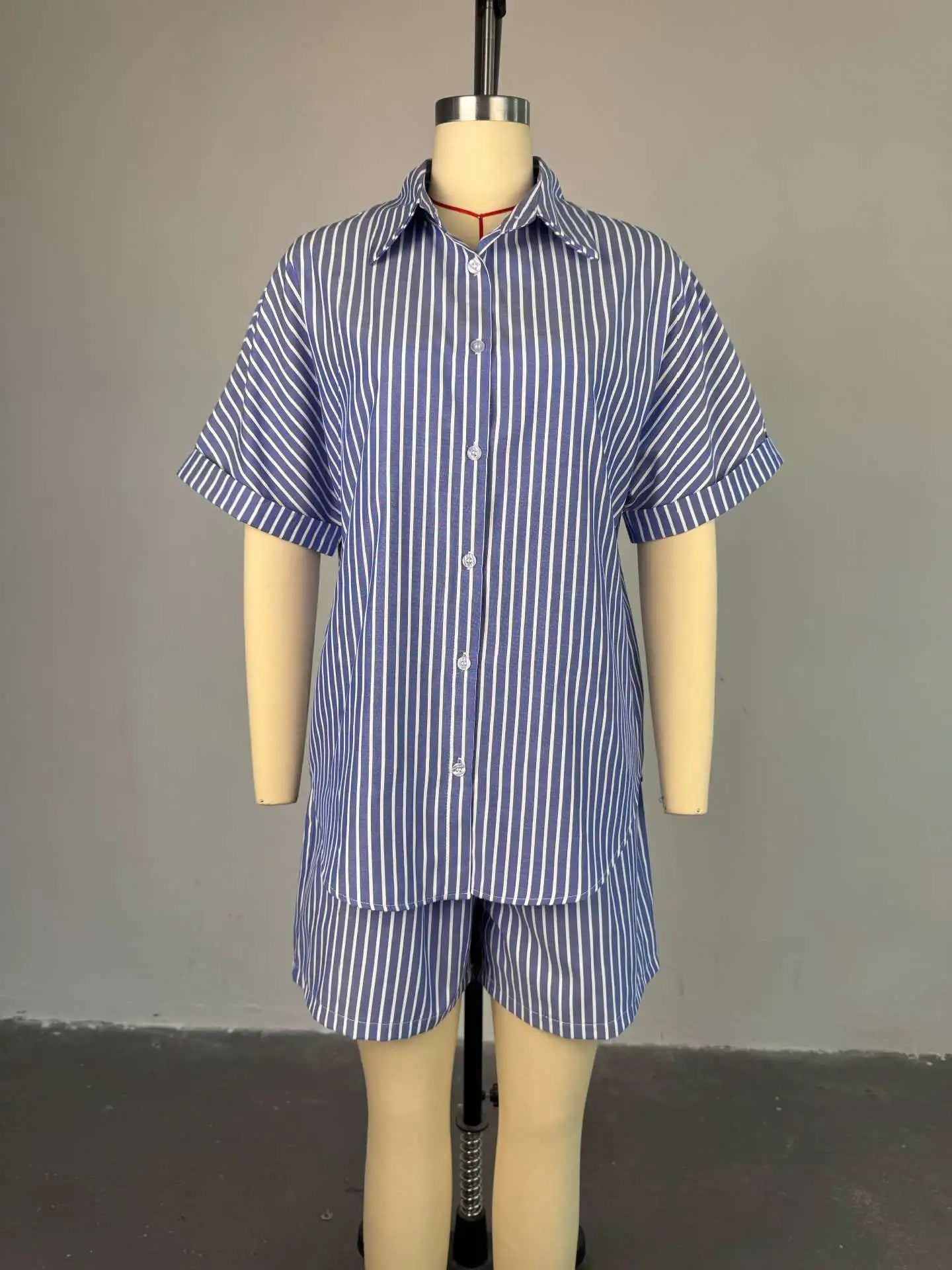 CM.YAYA Fashion Striped Women's Set  Half Sleeve Turn-down T-shirt and Shorts 2025 Summer Chic Two 2 Piece Sets Outfit Tracksuit