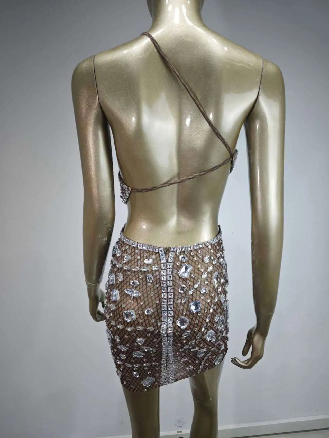 Robe courte sexy en maille à paillettes et cristaux pour femme, tenue de soirée, de bar, de discothèque, de spectacle sur scène