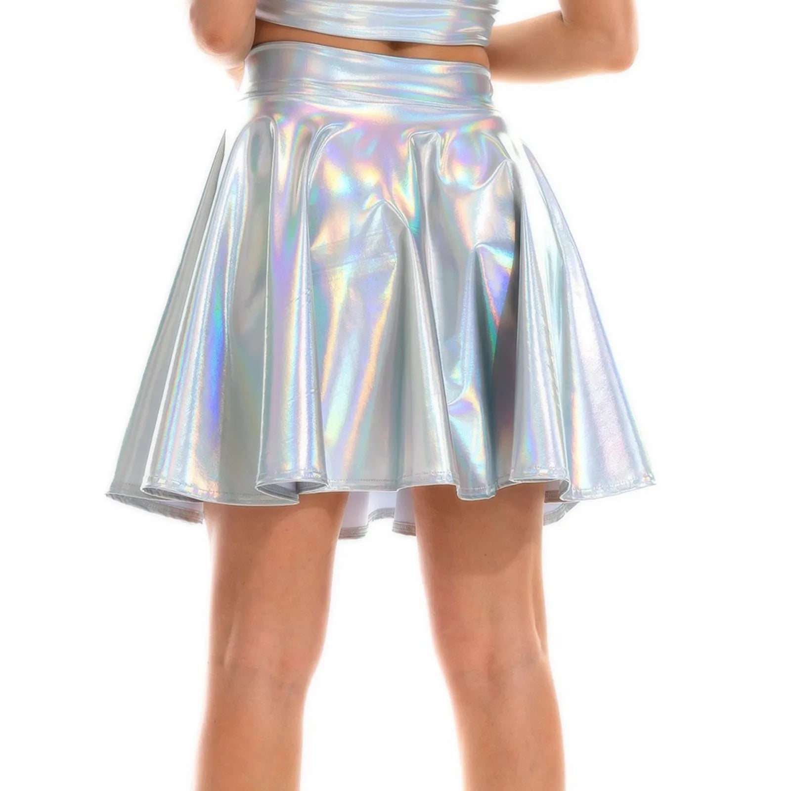 Women Shiny Metallic Pleated Skirt Stretchy High Waist A-Line Mini Skirts for Carnival Party Performance Nightclub Rave Dance