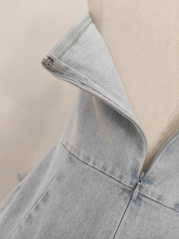 3D Appliques Flower Strapless Demin Jumpsuits For Women Off Shoulder Sleevelss Solid Color High Waist Full Length Overalls