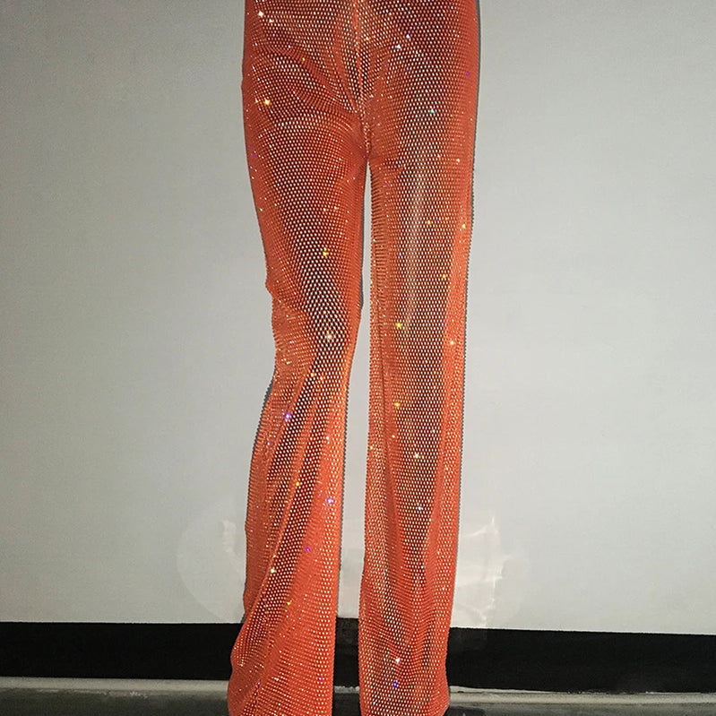 Fashion Sexy Glitter Crystal Diamonds Fishnet Women Pant See Through High Waist Pant Female Loose Hot Girl Party Clubwear Orange One Size