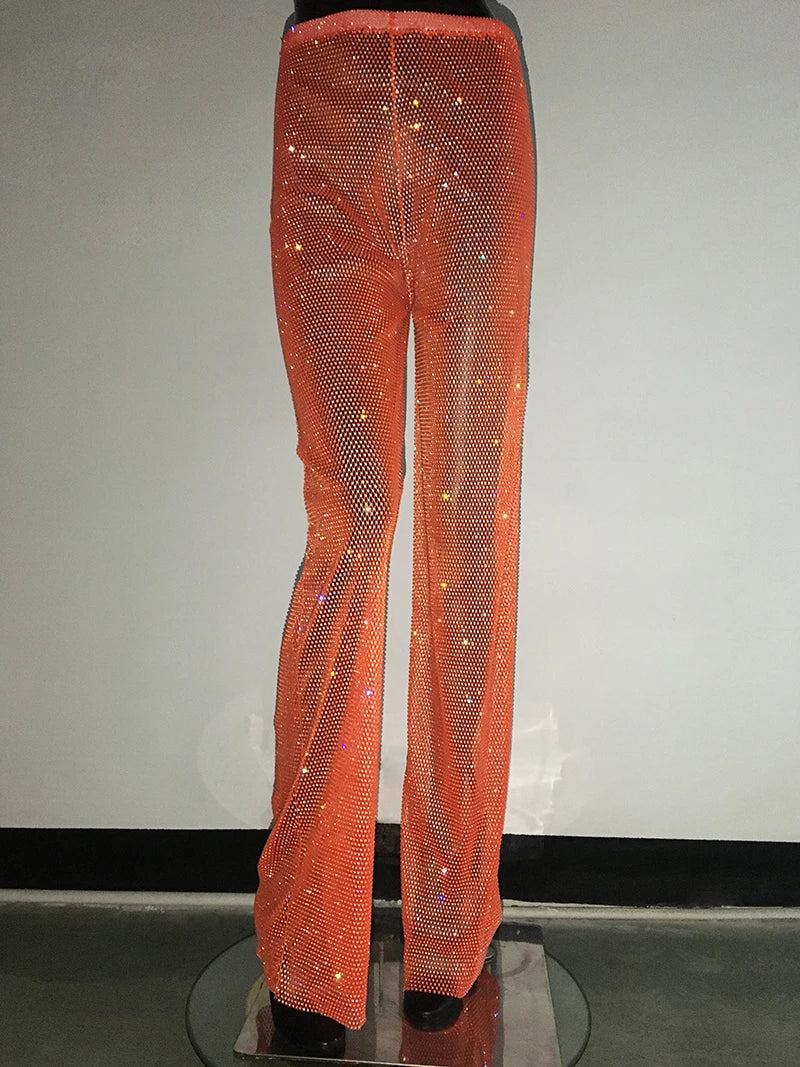 Fashion Sexy Glitter Crystal Diamonds Fishnet Women Pant See Through High Waist Pant Female Loose Hot Girl Party Clubwear Orange One Size