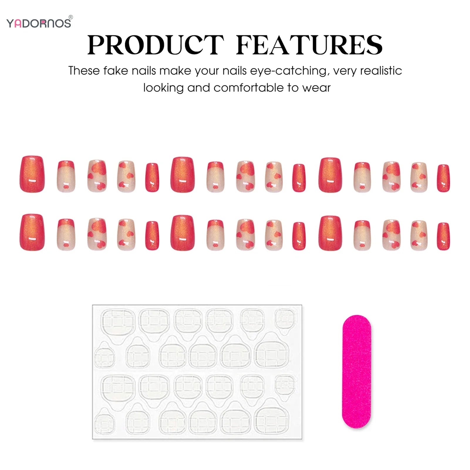 Glossy Pink French Fake Nails 30Pcs Short Square Press On Nails Love Heart Printed Detachable Charm Manicure Nails Supplies