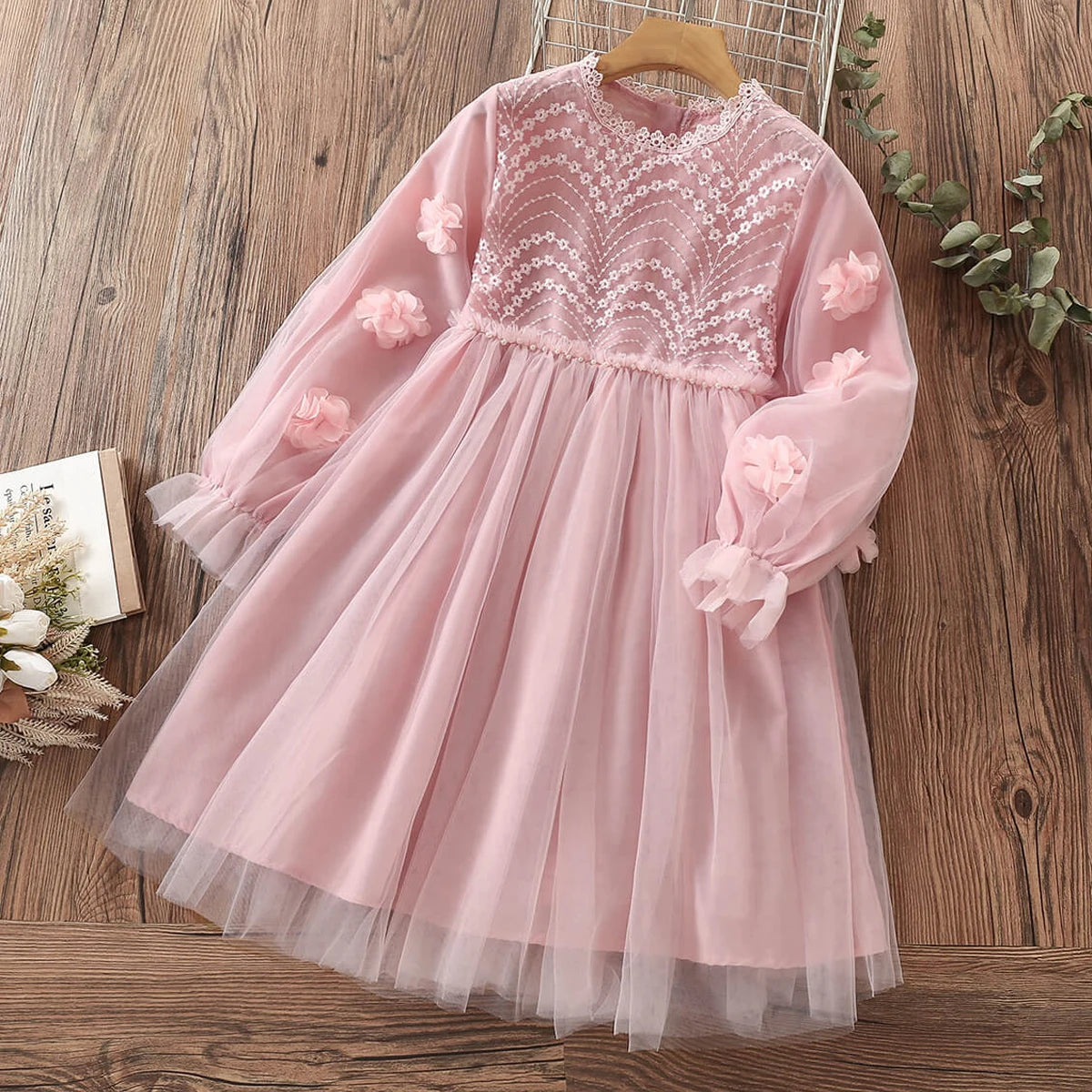Cute Baby Girls Dresses Spring Autumn Puffle Sleeve Kids Princess Clothes Plaid Doll Collar Party Teens Wear for 6 8 10 12 Years light pink