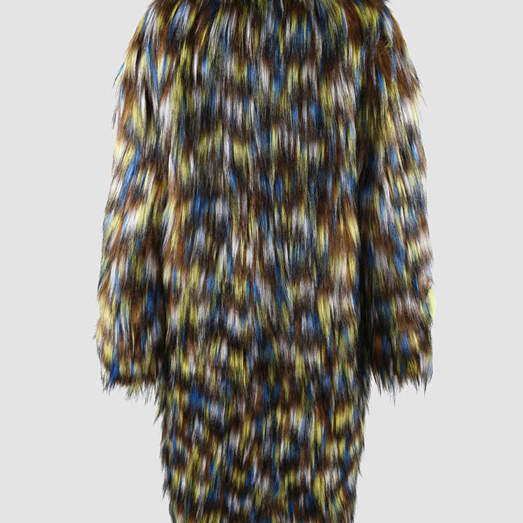 Winter Long Colorful Thick Warm Colorful Hairy Shaggy Patchwork Faux Fox Fur Coat Women Fluffy Furry Overcoat