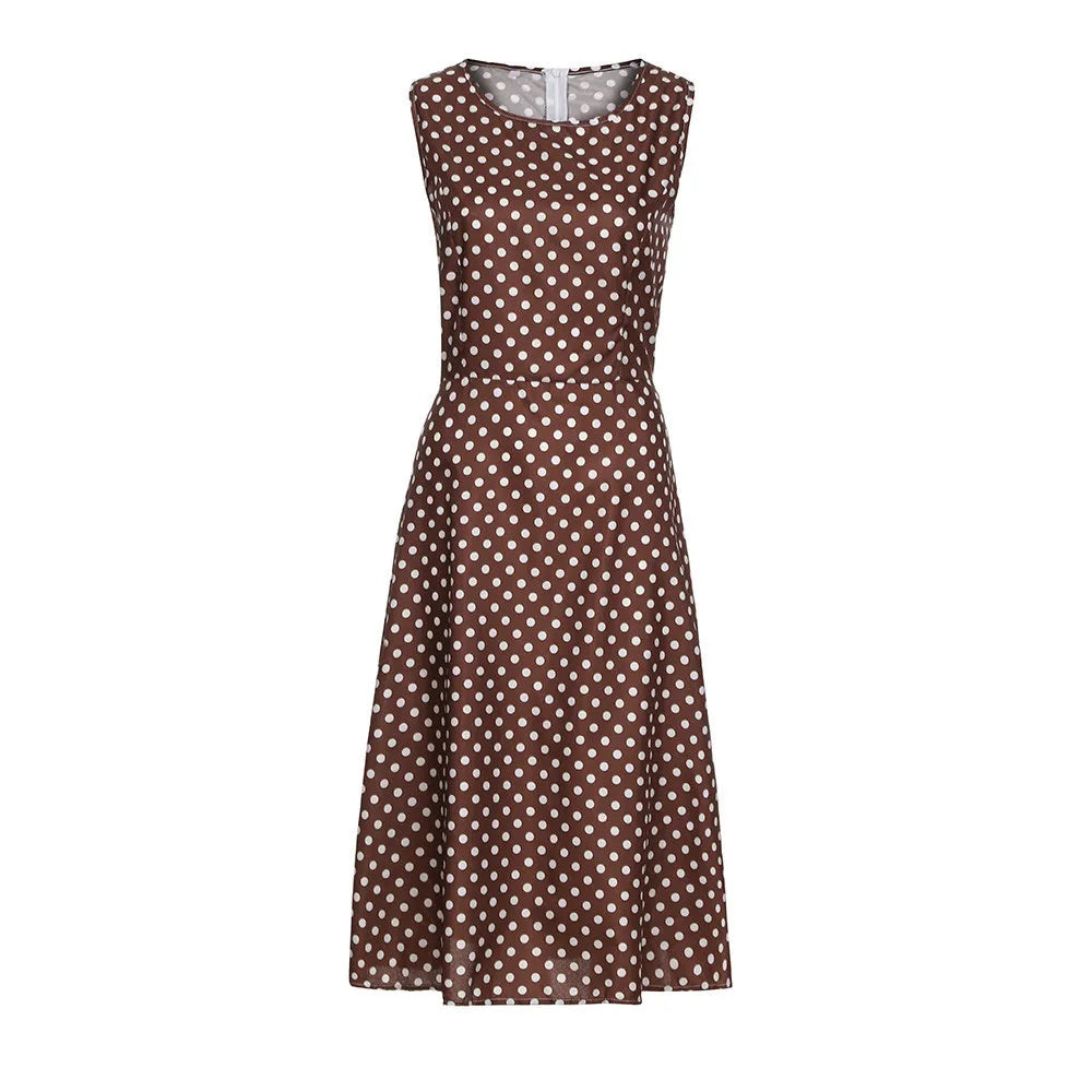 Vintage Dress Sleeveless O-neck Vestidos Women Elegant Thin Dot Printing Mid-Calf Casual Dress Female Summer