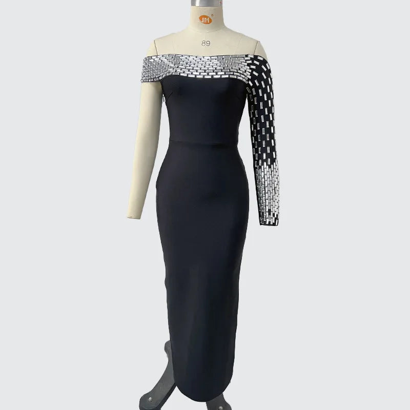 Women Sexy One Shoulder Shinning Crystal Bodycon Long Bandage Dress Elegant Evening Party Celebrity Red Carpet Wear