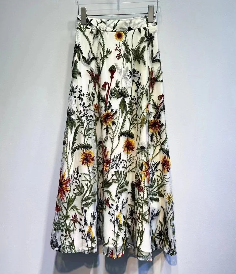 Top Quality New Long Skirts Spring Fashion Designer Women Elastic Waist Allover Luxurious Embroidery Sexy Tulle Mesh Skirts