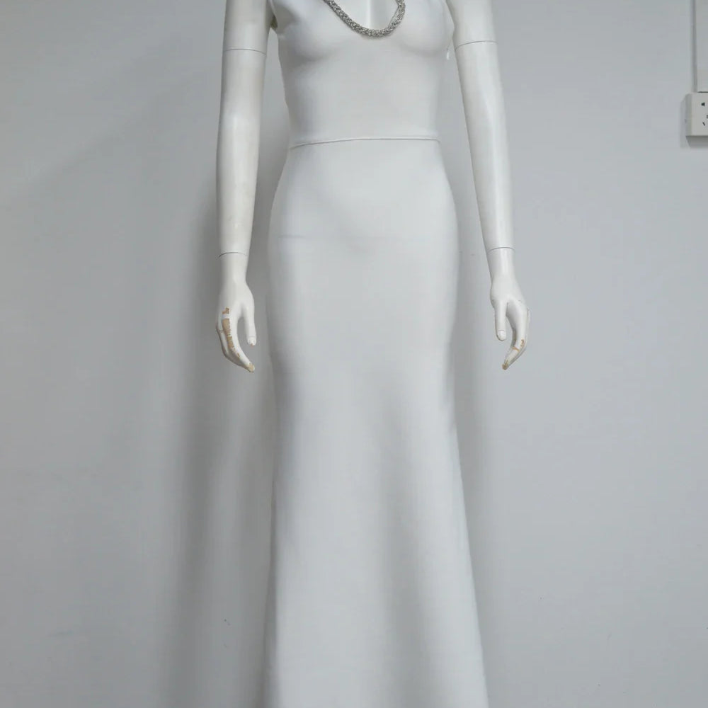 Black White Color Women Sexy One Shoulder Shinning Diamond Keyhole Bodycon Long Bandage Dress Celebrate Evening Party Outfit