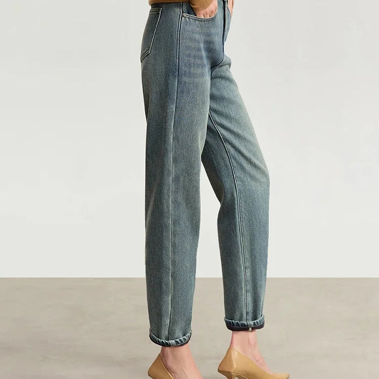 Minimalist Jeans For Women Winter Casual Pants Plus Fleece Thick Denim Ankle-length Narrow Foot Trousers