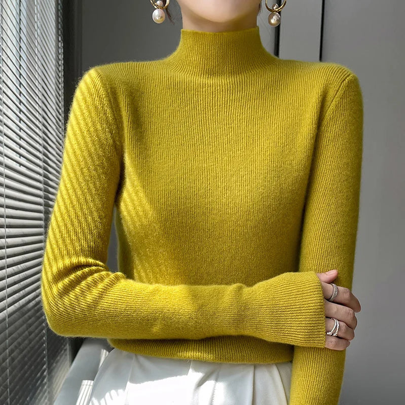 2022 Autumn and Winter Women's Cashmere Sweater Pullover Half Turtleneck Casual Fashion Pure Color High Quality Warmth Comfort Mustard yellow