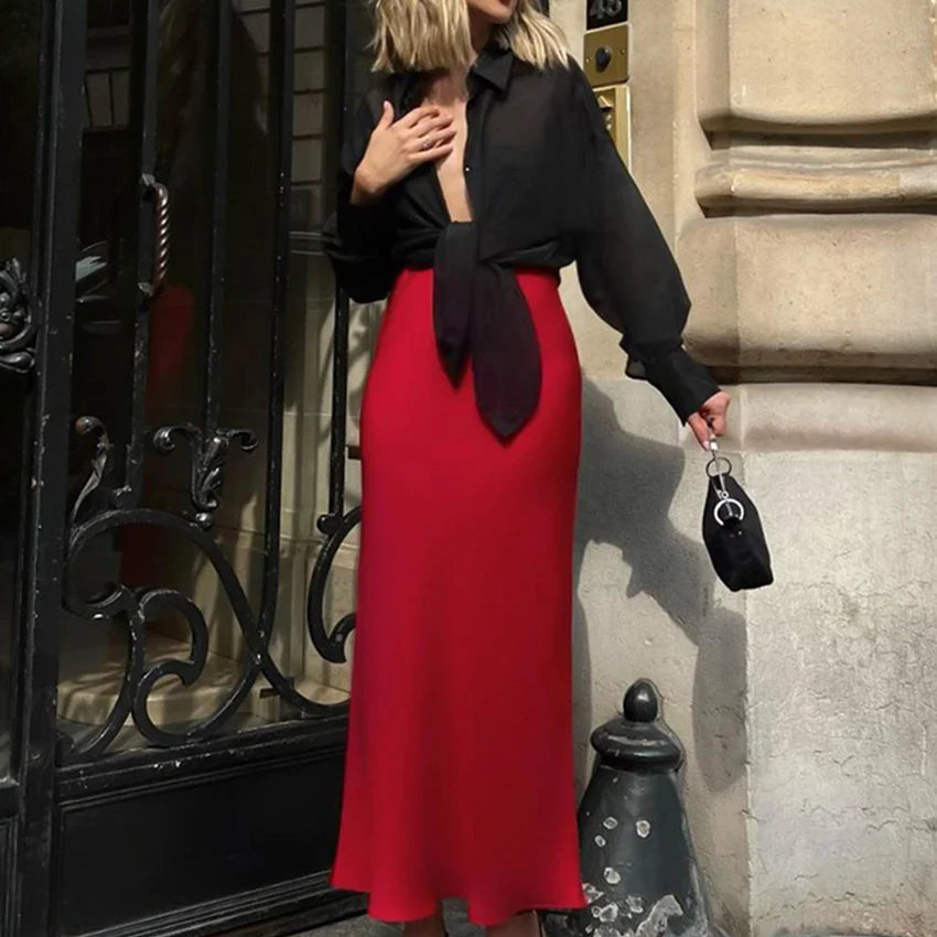 Bclout Fashion Satin Red Skirts Women Elegant Solid High Waist Office Lady Skirts Vintage Thin Party Slim Long Skirts Sexy