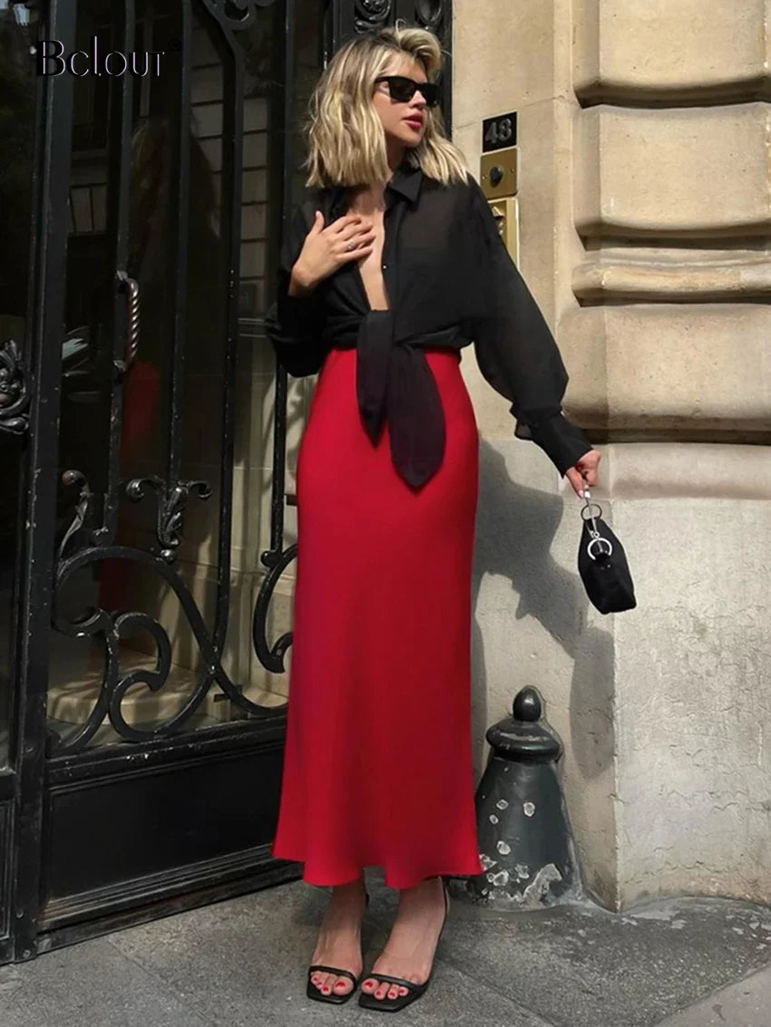 Bclout Fashion Satin Red Skirts Women Elegant Solid High Waist Office Lady Skirts Vintage Thin Party Slim Long Skirts Sexy