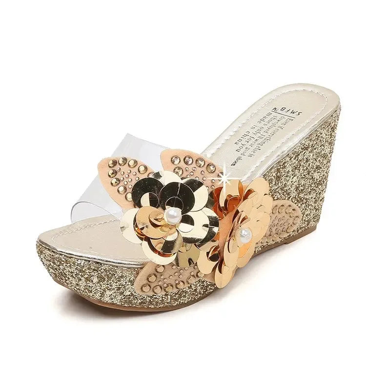 Summer Wedges Sandals Women Sexy Crystal Transparent High Heels PVC Slippers String Bead Platform Fashion Shoes Gold