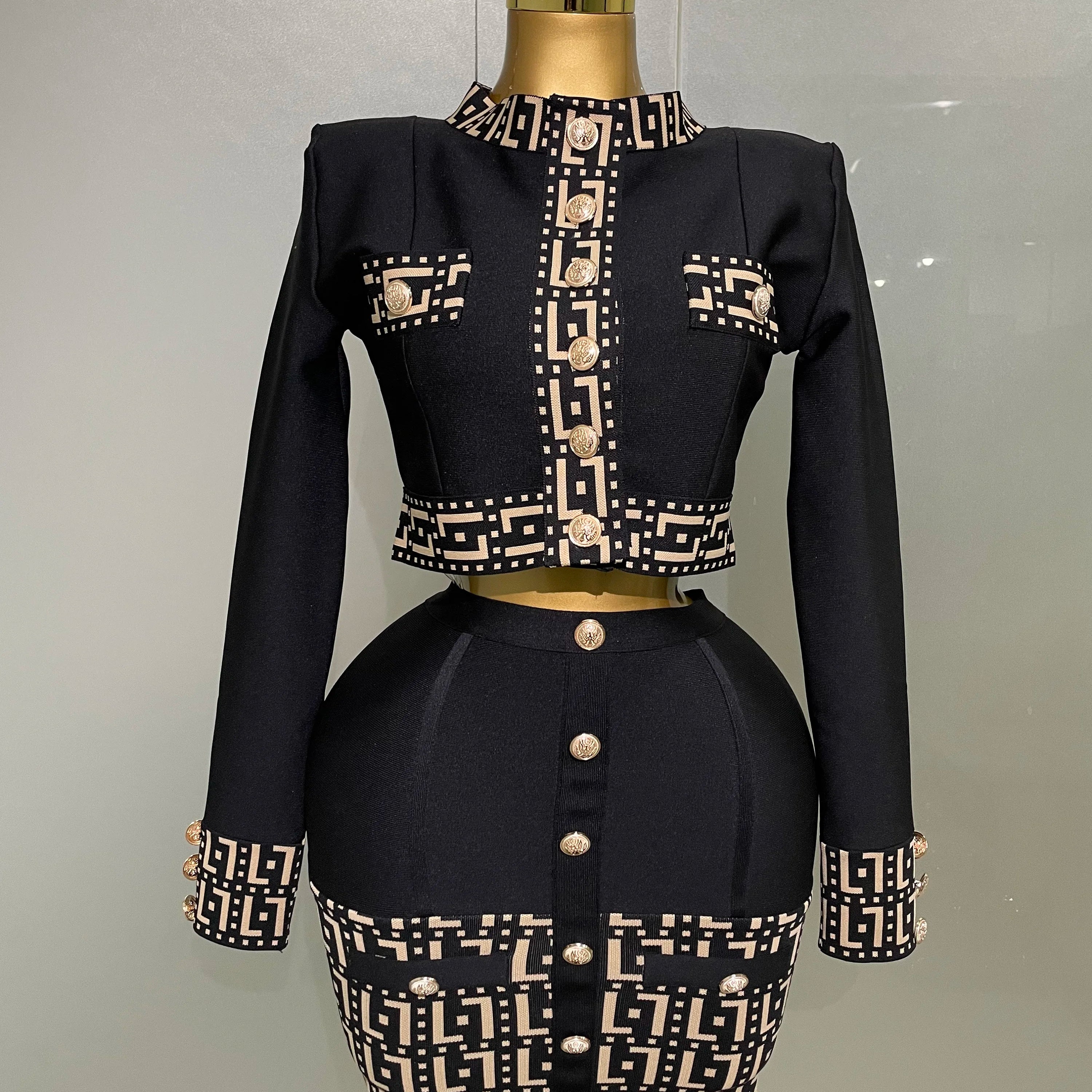 2025New Trendy Black Long Sleeves Two Pieces Bandage Set Button Top Short Skirt Suit Evening Party Women's Outfit Nightclub Wear
