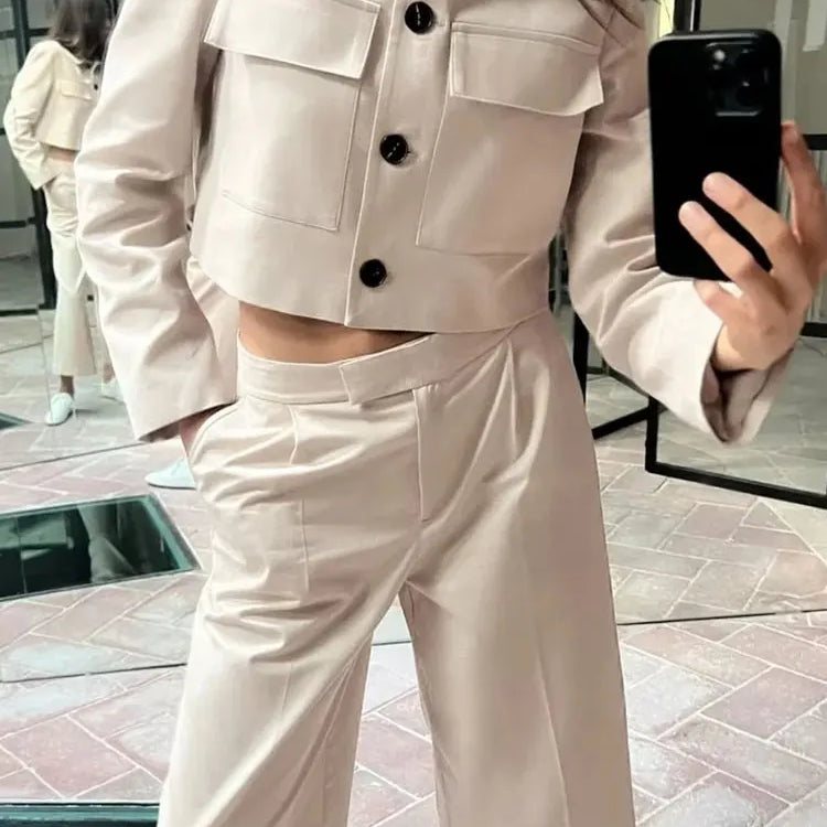 TRAF Spring Women's Fashion Beige Blazer Suit Single Breasted Jacket Women's High Waist Casual Baggy Pants 2-piece Set