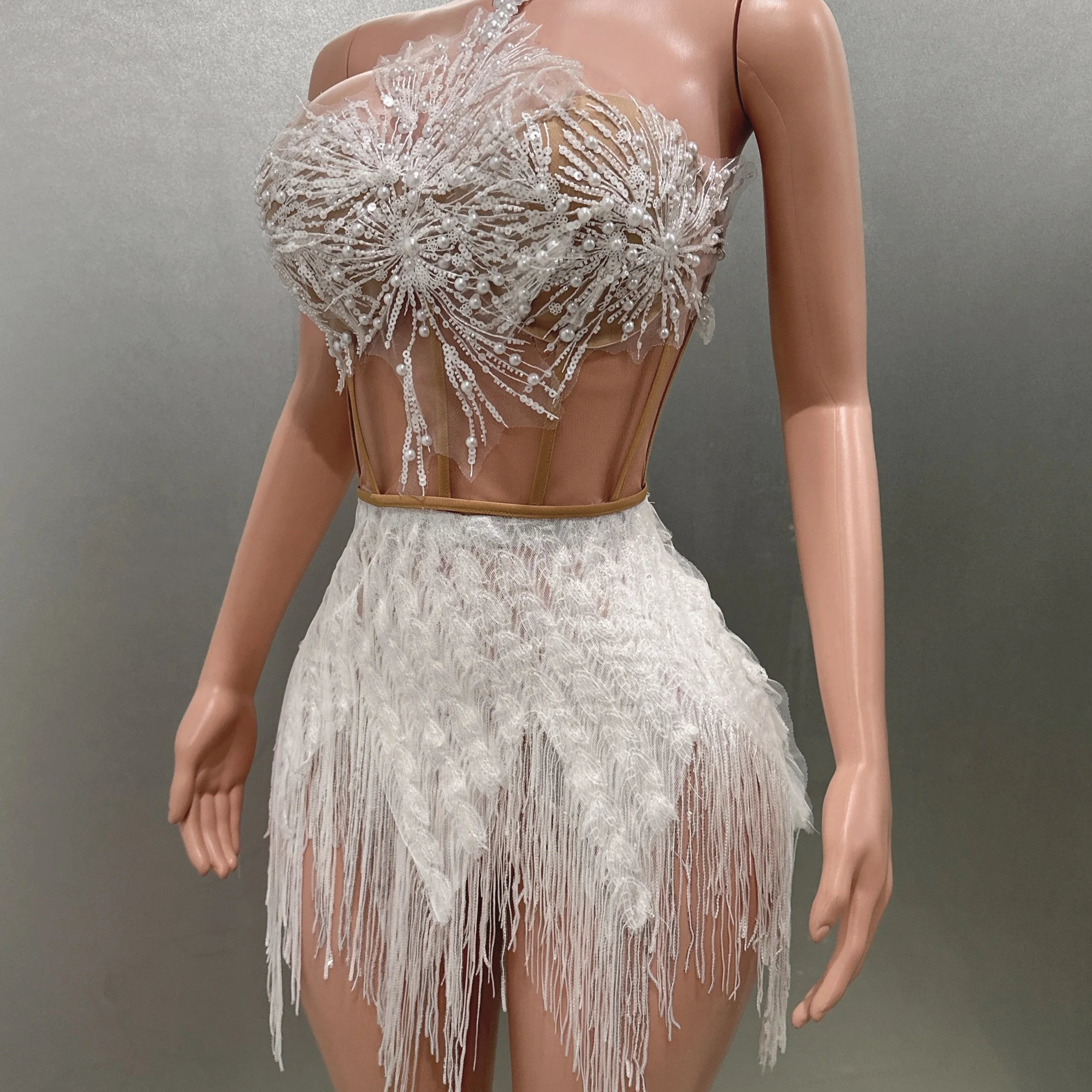Shinning Sequins Tassels Sexy Halter Off the Shoulder 2 Pieces Bodycon Mini Dress Fashion Nightclub Party Performance Costume