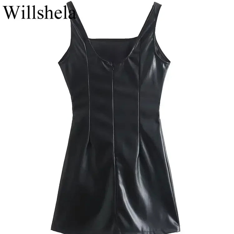 Women Fashion Black PU Leather Mini Slip Dress Vintage Square Collar Back Zipper Sleeveless Female Chic Lady Dresses