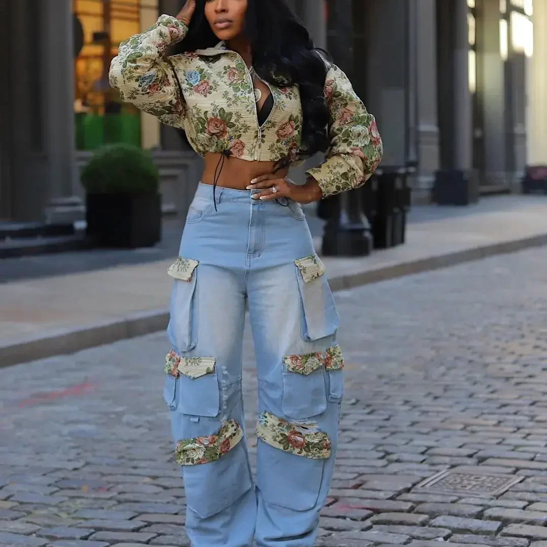 CM.YAYA Washed Denim Women's Set Full Sleeve Floral Jacket and Pockets Cargo Jeans Pants Suit 2024 Street Two 2 Piece Set Outfit