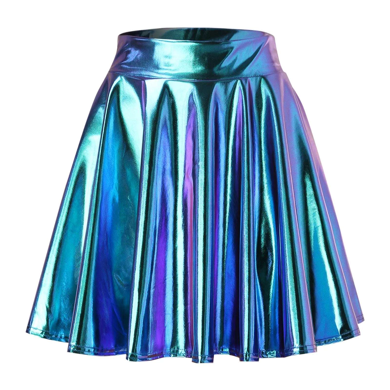 Women Shiny Metallic Pleated Skirt Stretchy High Waist A-Line Mini Skirts for Carnival Party Performance Nightclub Rave Dance