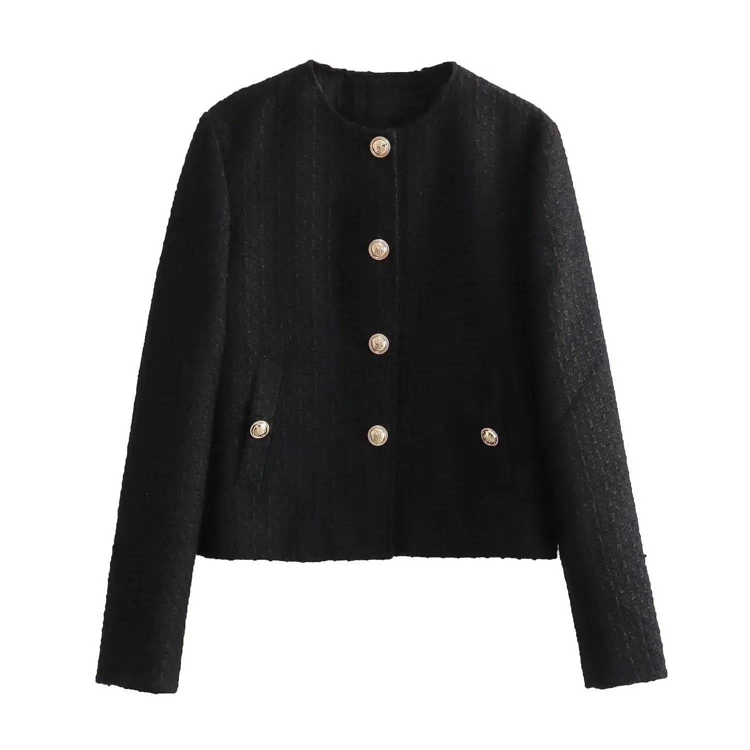 Short Tweed Coat Women Autumn Fashion Elegant O-neck Long Sleeve Botton Frayed Pockets Jackets Female Outwear Office Lady Coats black 1