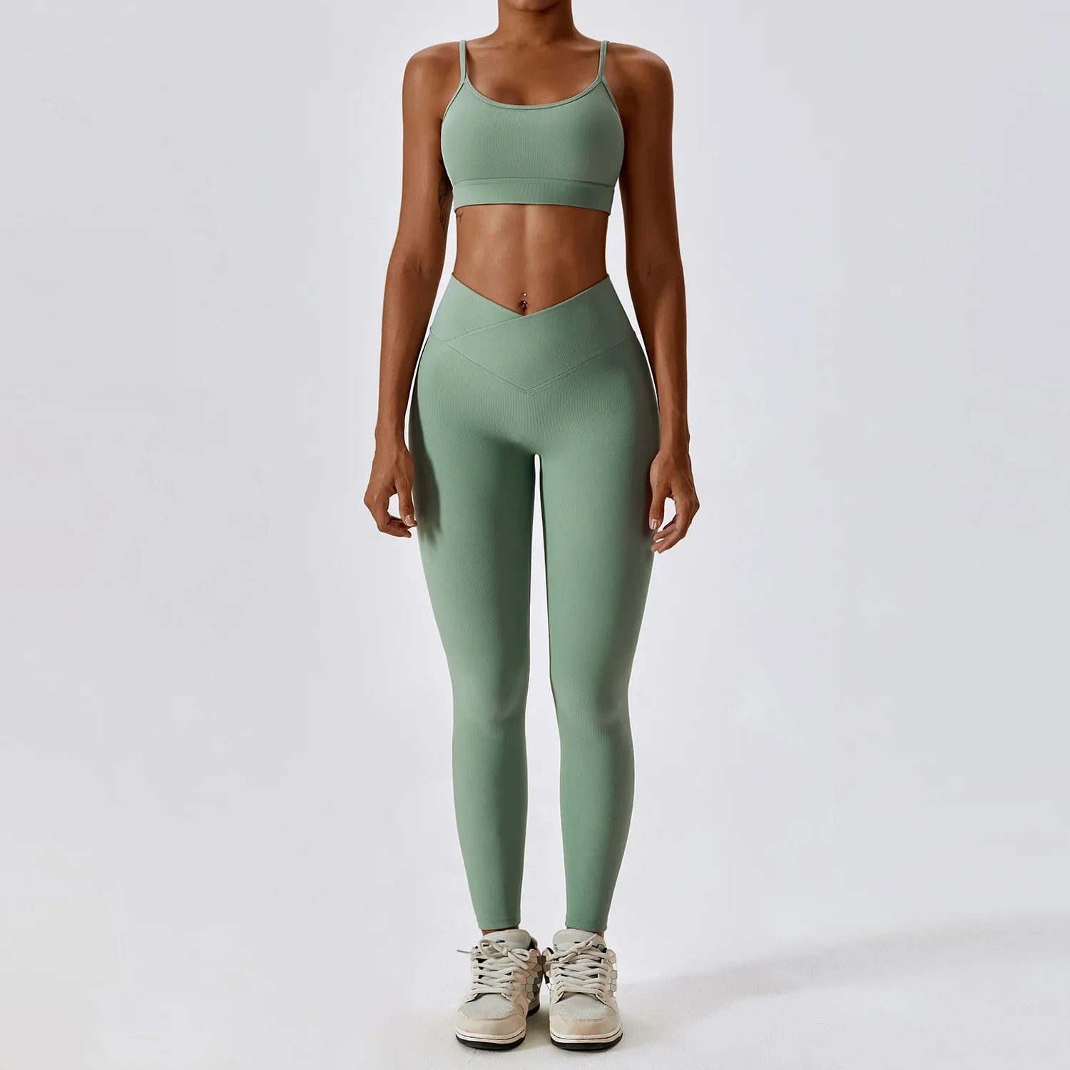 2PCS Seamless Yoga Set Gym Clothes Sportswear Yoga Suits For Women Fitness Rib Tracksuits Sports Bra Gym Leggings Sports Suits Basil Green Set-2 CHINA