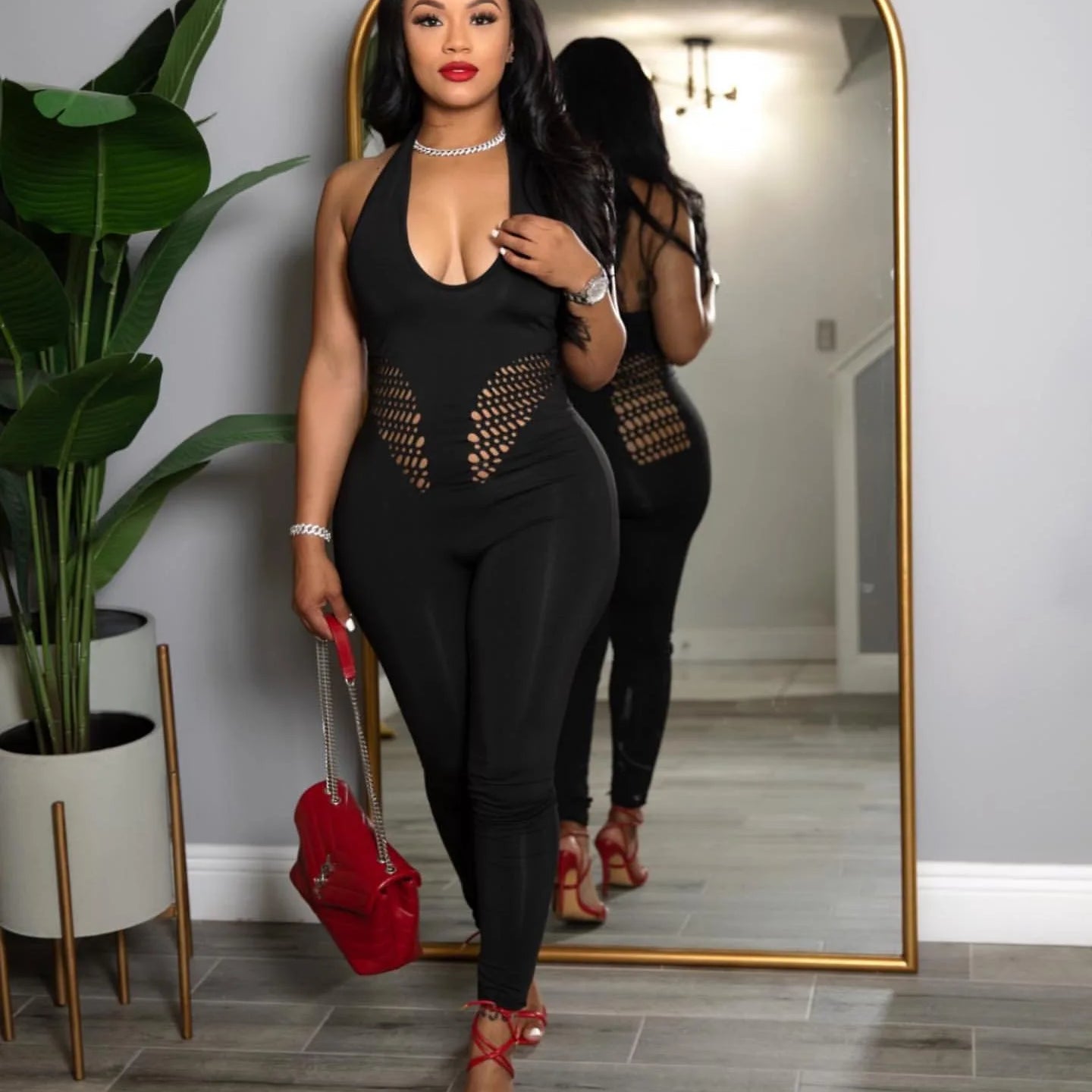 CM.YAYA Sleeveless Sexy Mesh Lace Hollow Out Women’s Jumpsuits 2025 summer v-Neck Night Club Party Pajamas One Piece Outfits