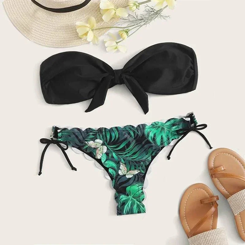 Beach Bikini Woman Sexy Front Lace Up Tie Strapless Leopard Swimsuit Female Push Up Ruffled Bow Bathing Suit Thong Swimwear black