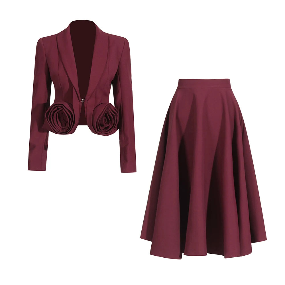 TWOTWINSTYLE Elegant Two Piece Set For Women Shawl Collar Long Sleeve Spliced Appliques Top High Waist A Line Skirt Slim Sets