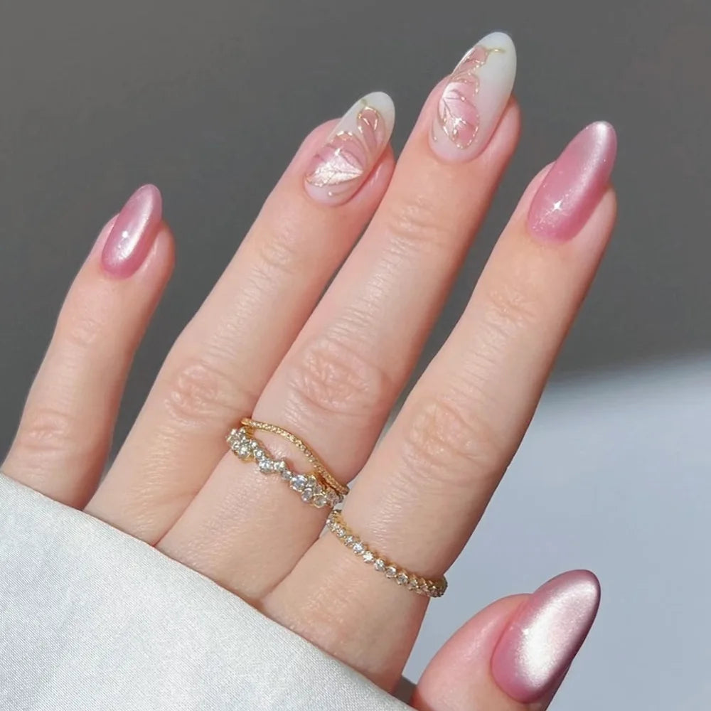 24pcs/set Medium fake nails for women girls 3D embossed flowers fruit shell rhinestones design Almond tips press on false nail