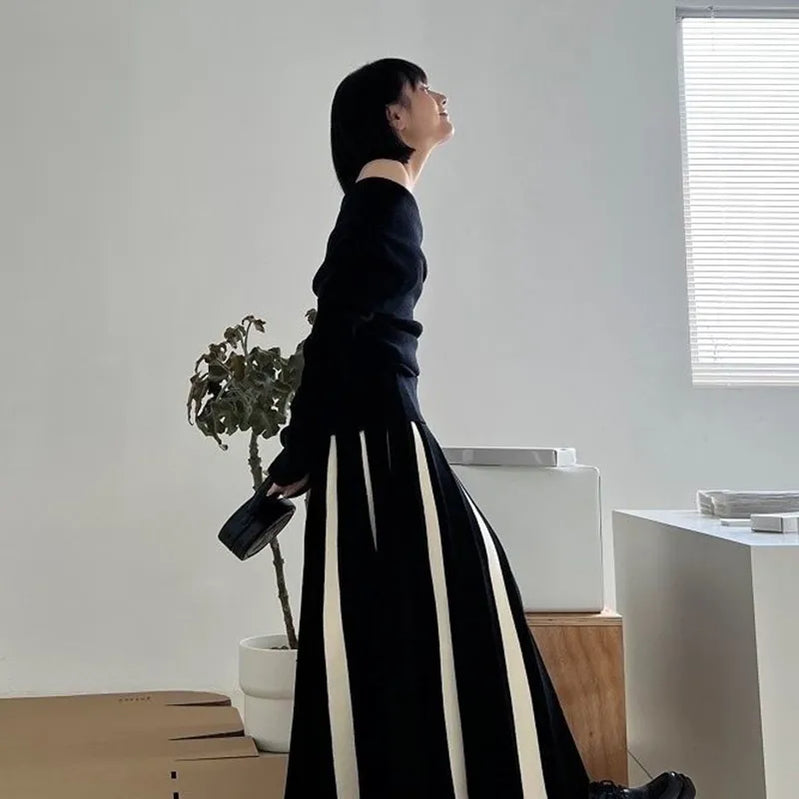 Fashion Patchwork Knitted Long Skirt Women Spring High Waist Pleated Skirt Woman Chic Striped Mixed Color Midi Skirts Mujer