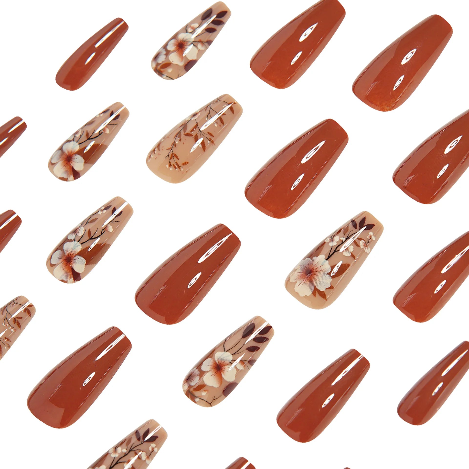 24Pcs Glossy Brown Fake Nails Autumn Almond Press On Nails with Gold Color Leaf Designs Full Cover Stick-on False Nails Patches