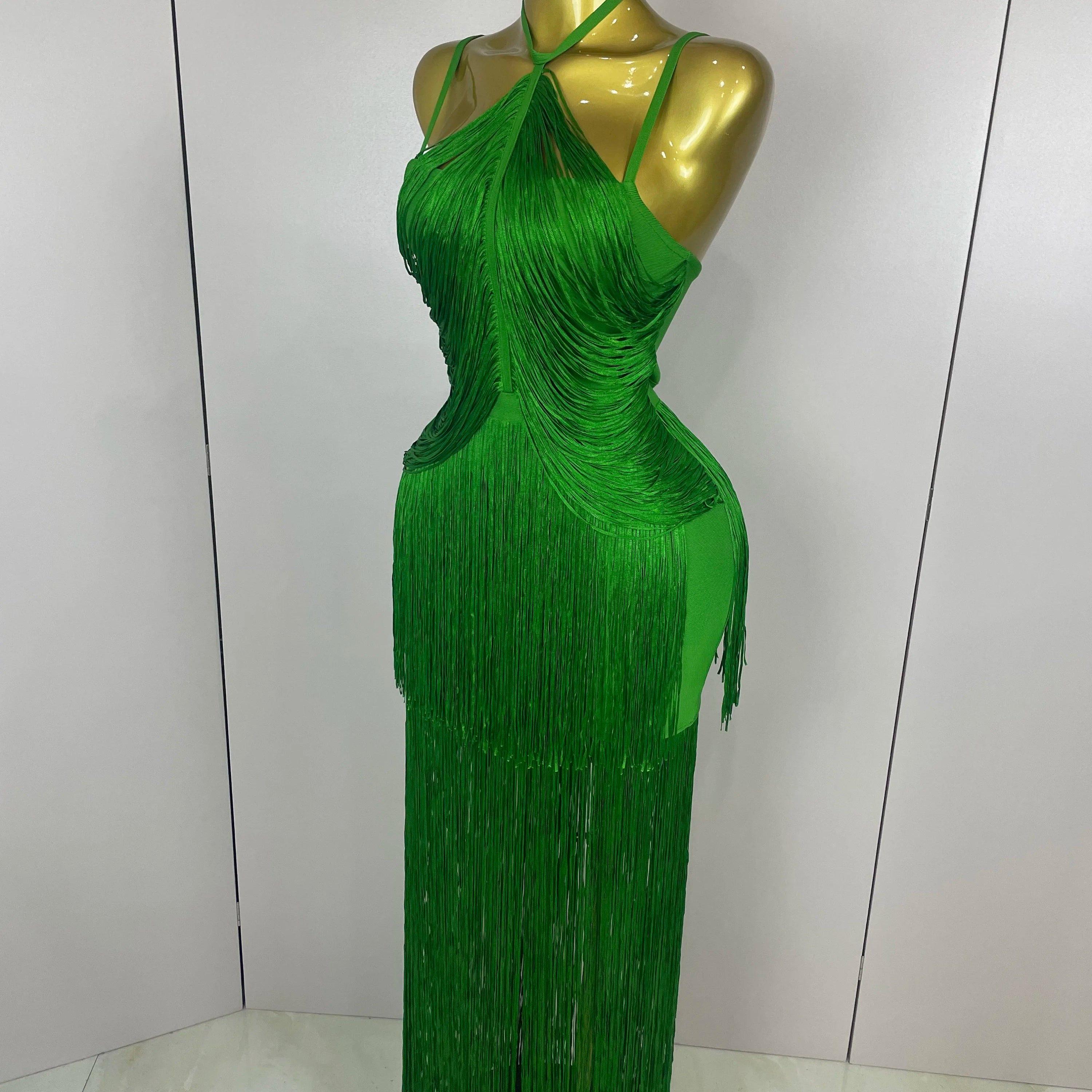 Sexy Backless Green Tassel Ankle Bodycon Bandage Dress 2025 Women Celebrity Elegant Evening Club Luxury Birthday Party Outfit