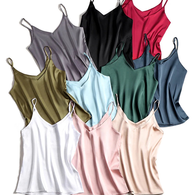Spaghetti Strap Top Women Halter V Neck Basic White Cami Sleeveless Satin Silk Tank Tops Women'S Summer Camisole