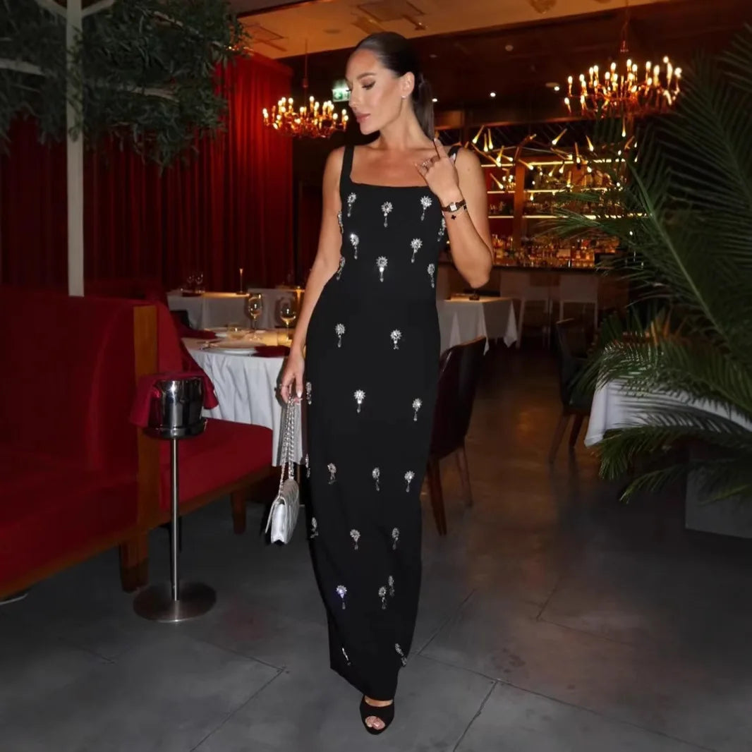 Celebeity Red Carpet Dress Women Sleveless O-Neck Bodycon Long Bandage Dress Shinning Crystal Celebrate Evening Party Dress