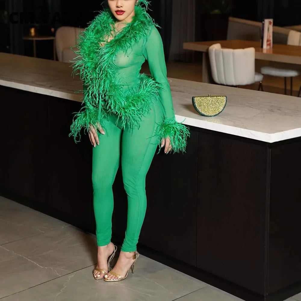 CM.YAYA Fashion Mesh See Though Women's Set Feather Side Long Sleeve Crop Top and Legging Pants 2025 Sexy Two 2Piece Sets Outfit