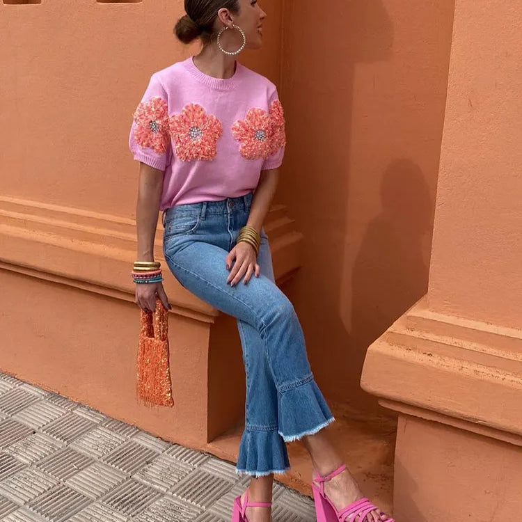 Fashion Women 3D Flower Knitted Sweater Elegant Lady O Neck Short Sleeved Pullover Tops Chic Female Commute Street Outfits