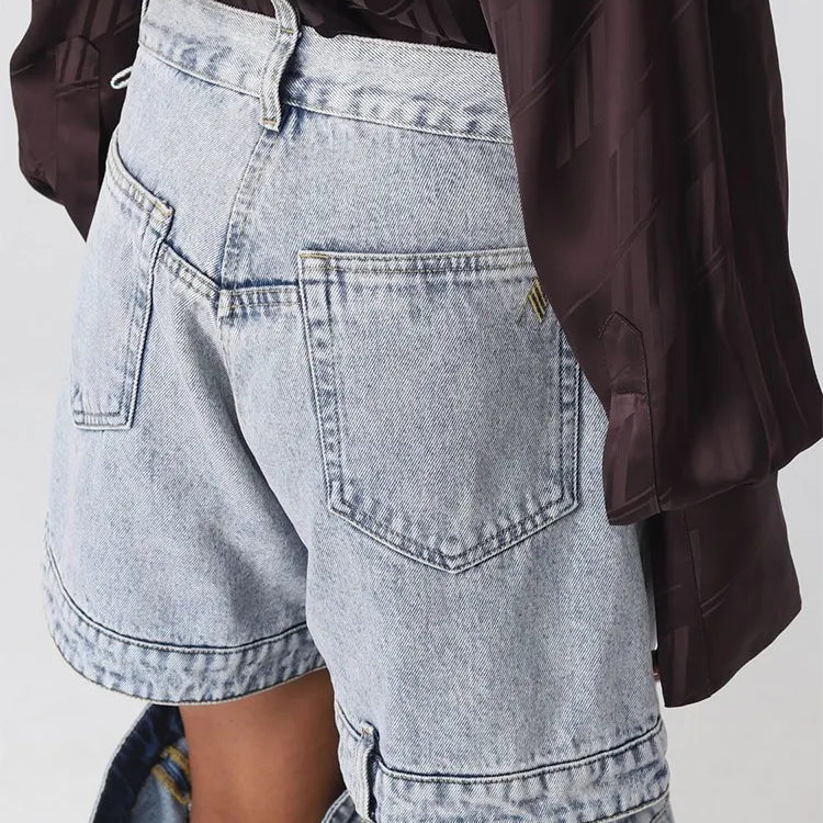 Spliced Zipper Hollow Out demin Jeans For Women High Waist Patchwork Pockets Wide Leg Jean Female Fashion Clothing