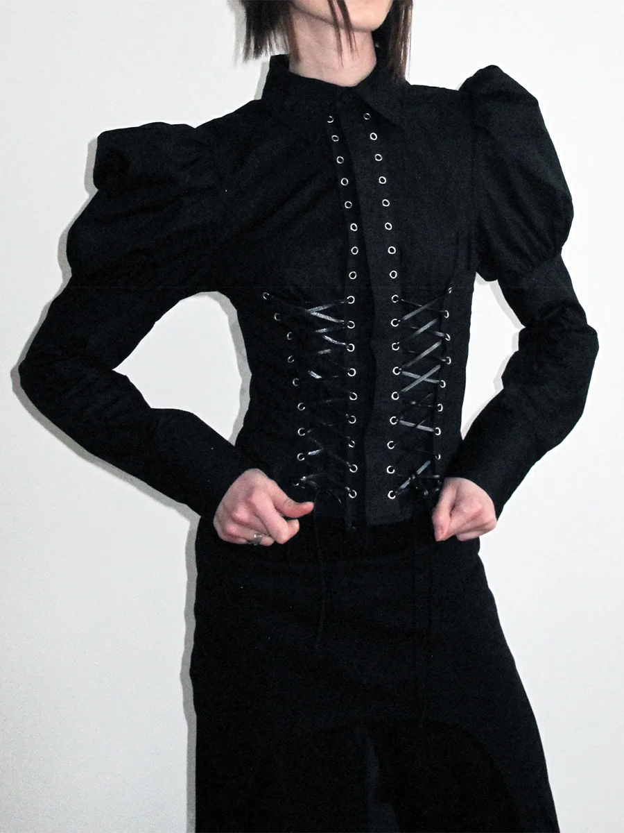 TWOTWINSTYLE Solid Slimming Spliced Lace Up Elegant Blouses for Women Lapel Long Sleeves Patchwork Folds Top Female Clothing New