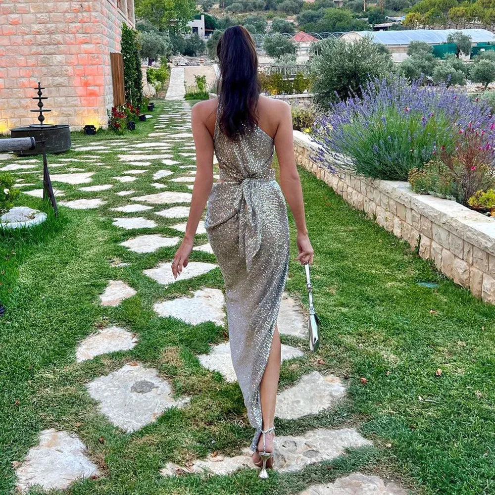 2024 Summer Sexy Hollow Out One Shoulder Champagne Sequins  Ankle Length Dress Woman Evening Party Dress Beach Vocation Outfit