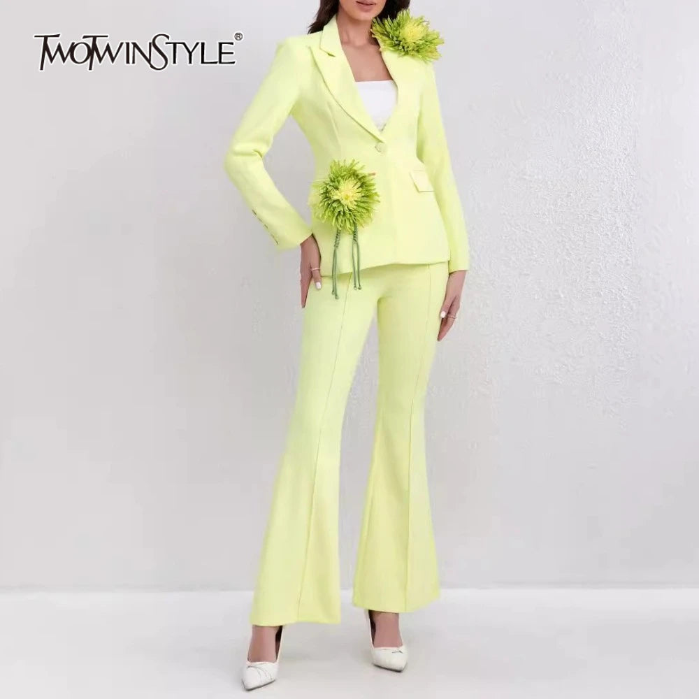 TWOTWINSTYLE Solid Slimming Spliced 3D Flower Two Piece Sets for Women Lapel Long Sleeves Patchwork Button Top Pant Set Female