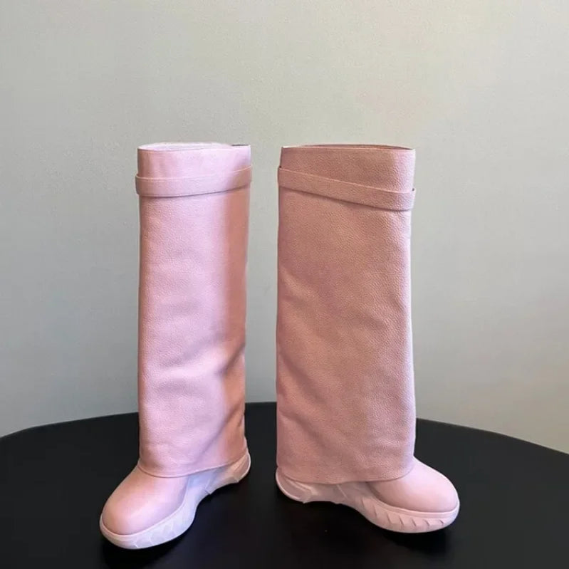 Leather Metal Padlock Woman Knee Length Boots Black Pink Slope Heel Autumn Winter Skirt Boots Size 35-43 Women Shoes