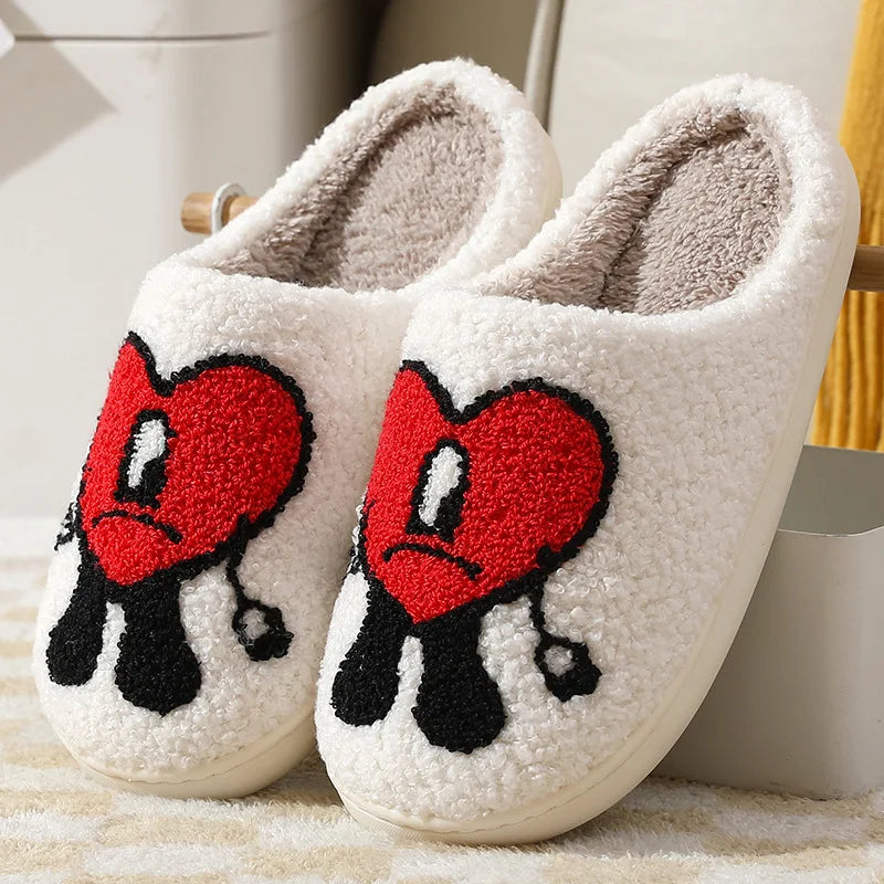 Winter Home Warm Women Slippers House Girl Fur Cute Bad Bunny Love Cushion Slides Bedroom Ladies Cotton Female Plush Shoes Red