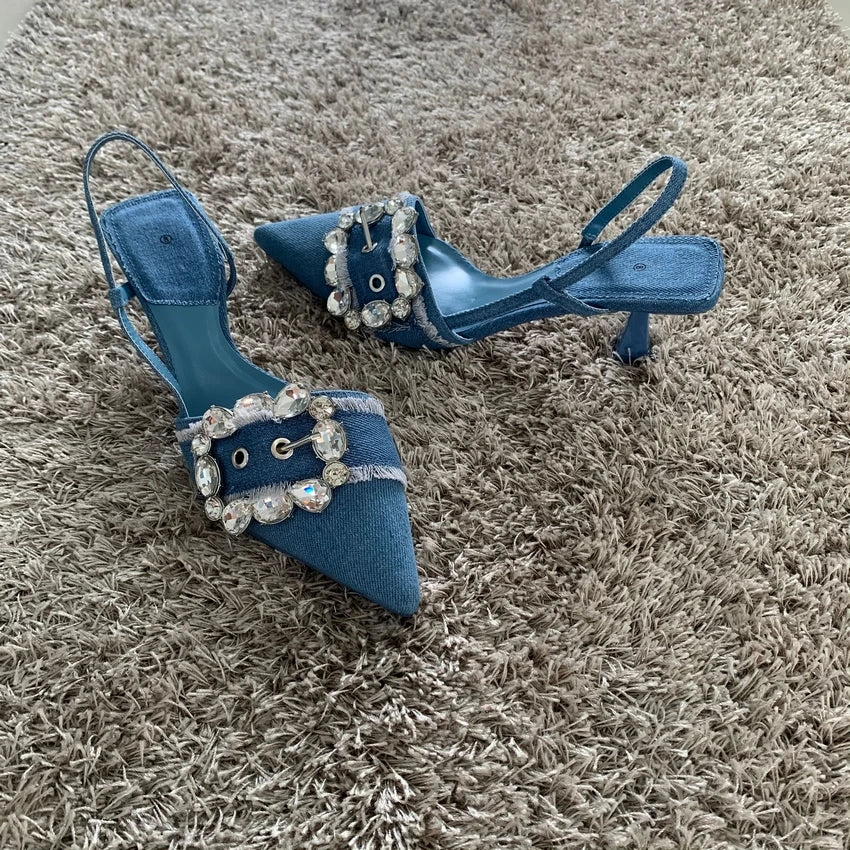 Denim Rhinestone Glitter Women Pumps Wedding Bride Slingback Pointed Toe High Heels Elegant Ladies Shoes