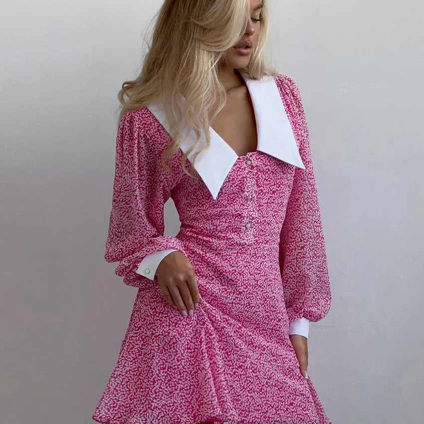 Clacive Fashion Slim Print Women Dress Elegant Lapel Long Sleeve Office Mini Dresses Bodycon Classic Patchwork Female Dress