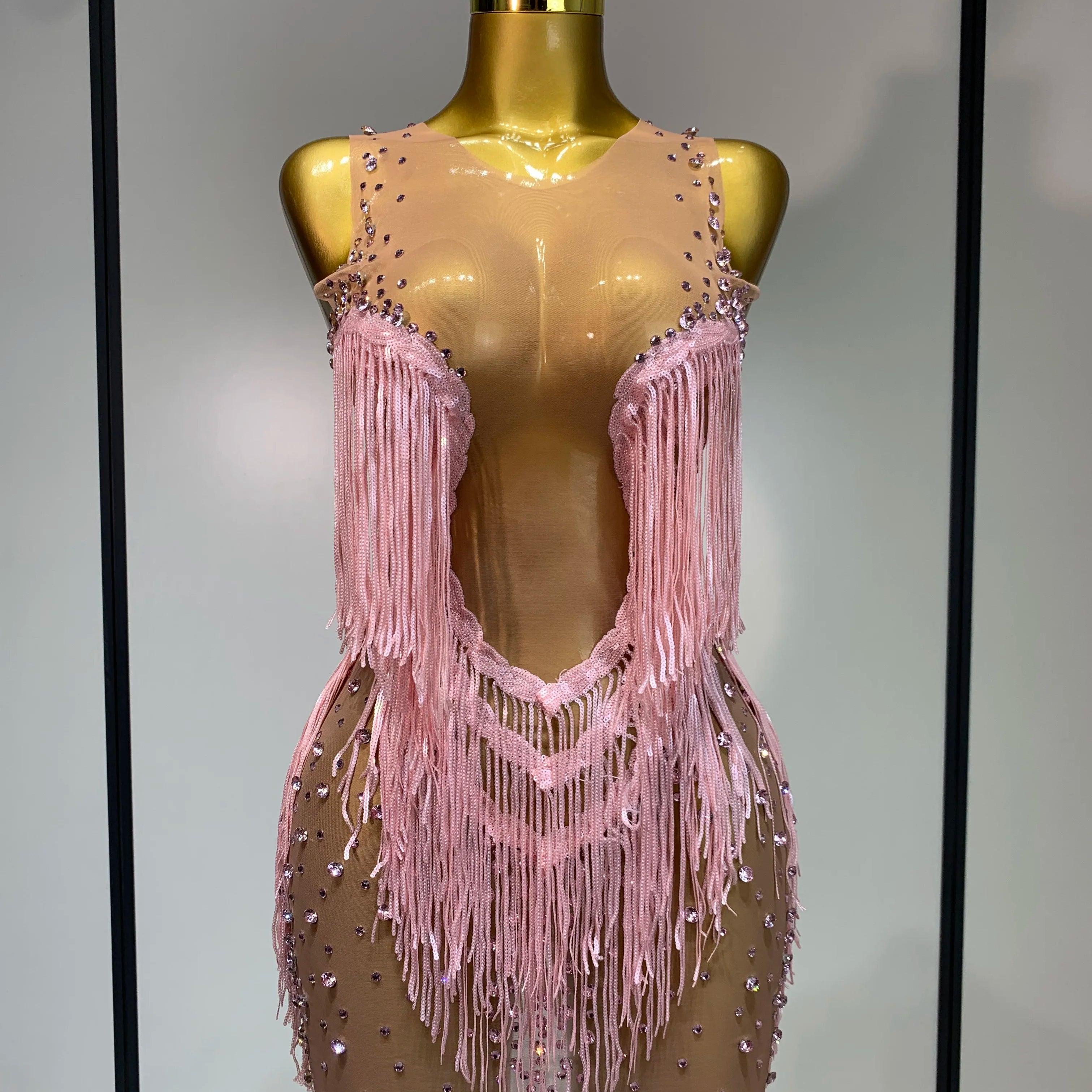 Women Sexy Transparent Long Sleeve Bodycon Dress Two Piece Set Luxury Sequin Fringes Evening Party Celebrity Performance Costume